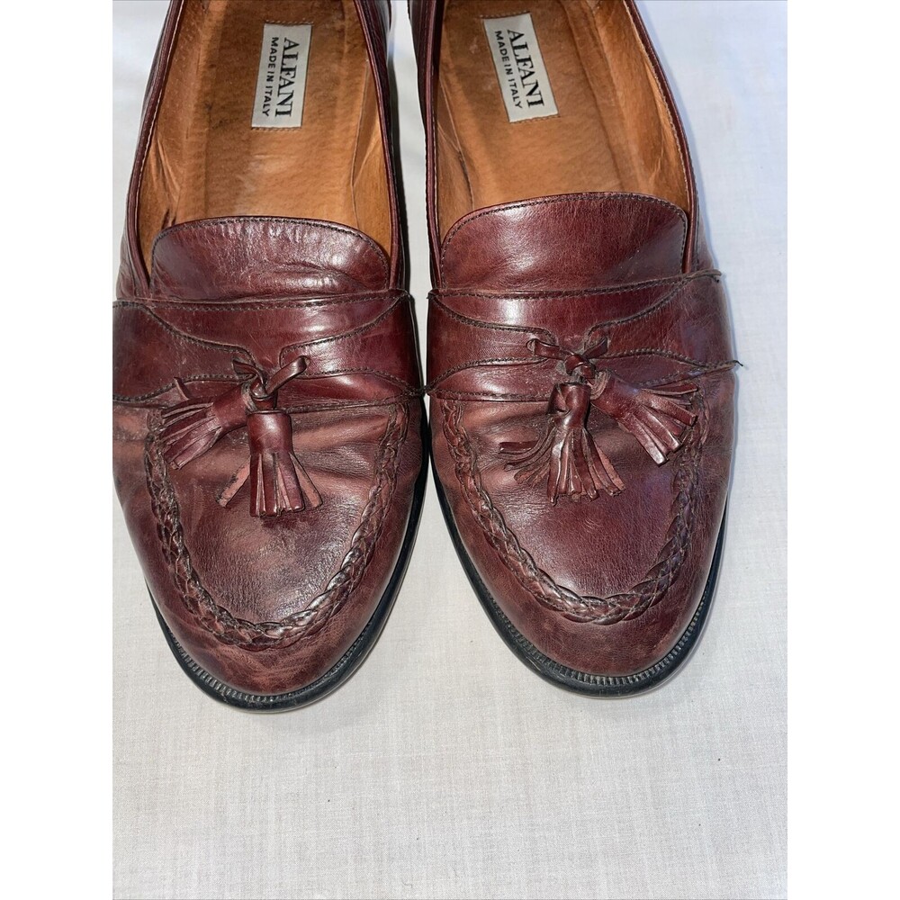 Alfani Italy Dress Loafers Men’s Size 11 W Brown Leather Tassels Block Heels - Picture 8 of 13